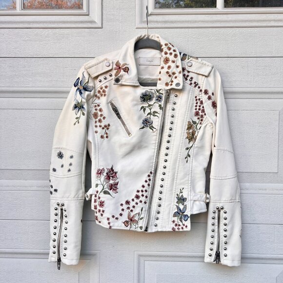 Blank NYC Floral Embroidered Silver Studded Zipper Moto Ivory Pleather Jacket - Picture 1 of 11